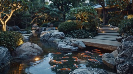 Sticker - Tranquil Japanese Garden with Koi Pond at Night