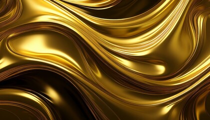 Aufkleber - Abstract golden waves pattern, luxurious texture, glossy finish, vibrant gold color. Liquid gold black liquid wavy shiny background 3D rendered, oily gold texture 3D background