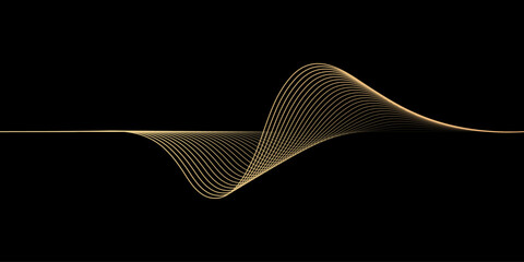 Poster - 3D vector pattern of gold waves in a smooth curve, flowing dynamic golden gradient wavy lines isolated on black background concept of luxury, digital, AI, technology, communication, science, music