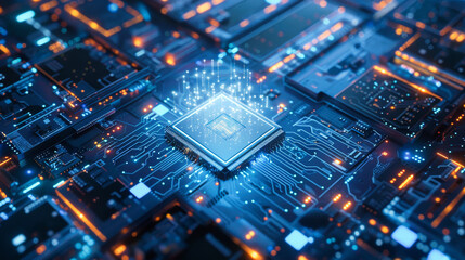 Poster - Close up of an advanced microchip with data flowing through it