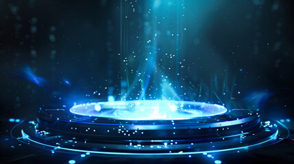 Poster - Digital artwork featuring a futuristic, blue circular platform emanating particles