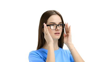 Woman, close-up, on a white background, wearing glasses