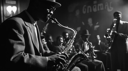 Wall Mural - a man plays a saxophone in a dimly lit jazz club.