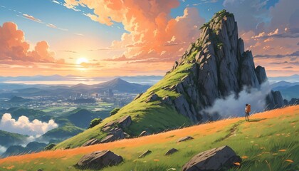 hikers or climbing on sunset mountain landscape illustration background