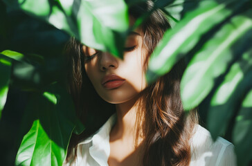 Poster - A beautiful woman with long hair wearing a white shirt stands in front of green leaves, her face hidden behind the leaves