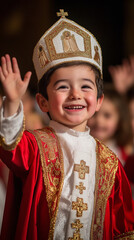 Canvas Print - Joyful School Play with Children Dressed as Saint Nicholas  