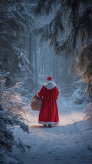 Canvas Print - Saint Nicholas Carrying Gifts on a Snowy Forest Path at Twilight  