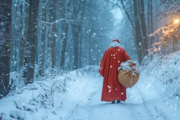 Poster - Saint Nicholas Carrying Gifts on a Snowy Forest Path at Twilight  