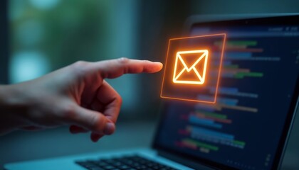 Poster - Hand Pointing at Glowing Neon Envelope Icon on Laptop Screen for Email or Messaging Concept Use
