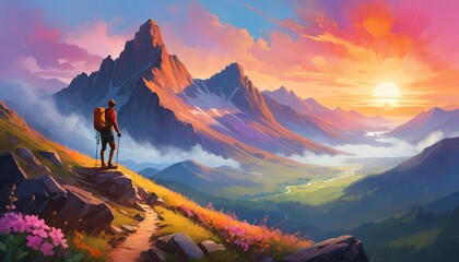 hikers or climbing on sunset mountain landscape illustration background