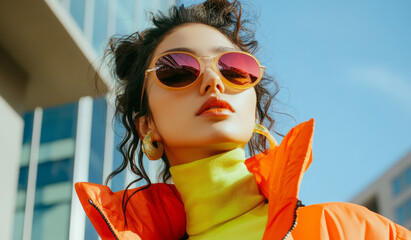 Wall Mural - an edgy model wearing colorful and sunglasses, outside at the mall during the daytime