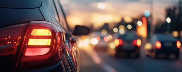 Close-up view of a car tail light at dusk, with blurred traffic and city lights in the background.