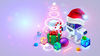 Fototapete - Cartoon toy robot in Santa Claus hat near the Christmas tree with gifts. Background or greeting card for Christmas and New Year for children hobby robotics, programming. DIY kit Robot Santa Claus.