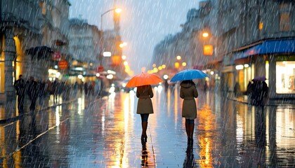 Wall Mural - Rain-soaked deserted street illuminated by glowing streetlights in a contemporary city at night