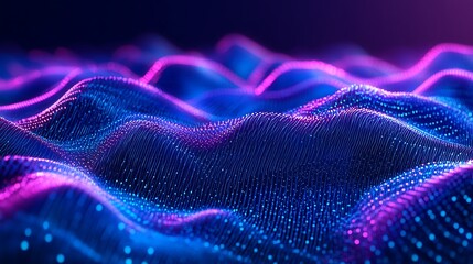  digital background showing abstract waveforms in vibrant blue and purple hues.