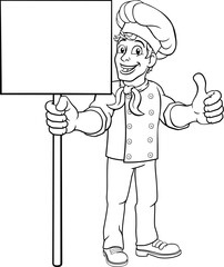 Wall Mural - A chef cook or baker man cartoon character giving a thumbs up hand sign and holding a signboard