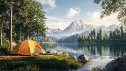 Wall Mural - Yellow tent pitched by a lake with mountains in the background.