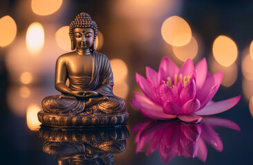 Wall Mural - A golden Buddha statue with a pink lotus flower on its lap, sitting in the center of the picture, surrounded by blurred lights and water reflections