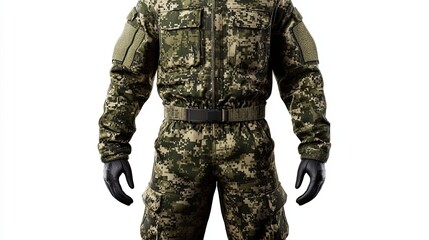 Wall Mural - Close-up of a Person Wearing Camouflage Military Uniform and Black Gloves