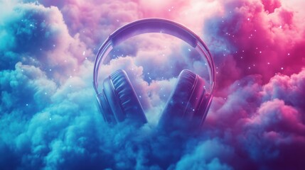 Wall Mural - Black headphones in a cloud of pink and blue smoke with bright lights.