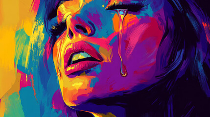 Wall Mural - A woman crying, showing sadness and grief, in a colorful and retro pop art style.