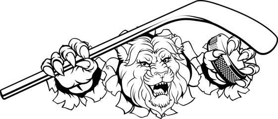 Wall Mural - A lion ice hockey team cartoon animal sports mascot