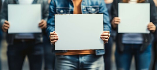 Poster - Group of people hold empty paper poster. Generative AI technology.	
