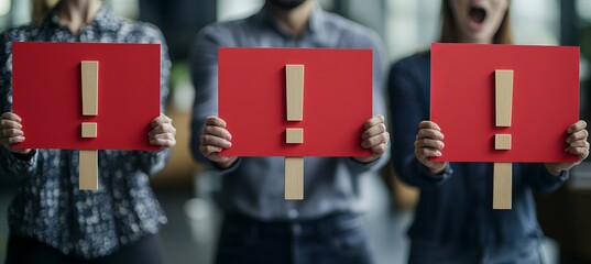 Business people hold exclamation mark poster. Generative AI technology.	
