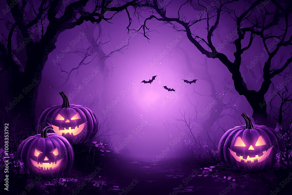 Spooky Halloween Night with Glowing Jack-o'-Lanterns and Full Moon in ...