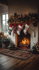 Poster - Family Gathering by Fireplace with Saint Nicholas Stockings  