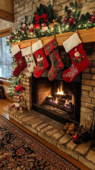 Canvas Print - Family Gathering by Fireplace with Saint Nicholas Stockings  