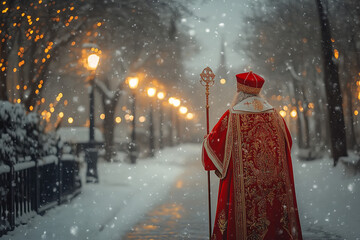 Poster - Saint Nicholas in Traditional Costume on Snowy European Street  