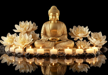 Wall Mural - Golden Buddha with glowing lotus flower on a black background. A golden statue of the Buddha sitting in front of blooming flowers and candles.