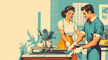 Wall Mural - A retro-style illustration showing a woman and her husband cleaning their home.