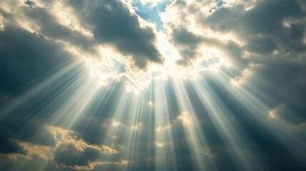 Poster - A serene view of sunlight breaking through dark clouds, creating a dramatic interplay of light and shadow in the sky.
