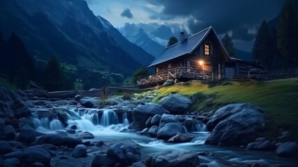 Canvas Print - Old romantic illuminated wooden cabin in the mountains by a wild stream torrent at dusk