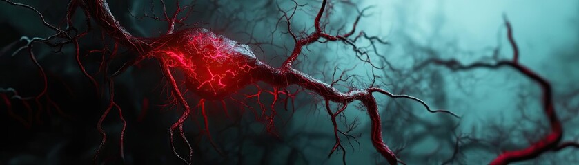 Poster - A close-up view of intricate neuron structures illuminated with a striking red hue against a dark and mysterious background.