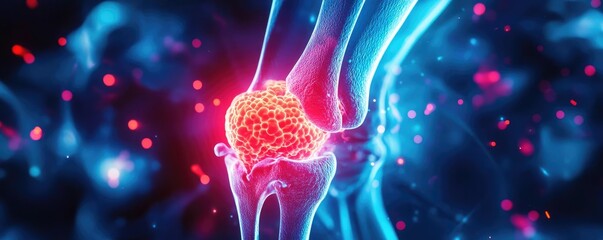 Poster - Stylized illustration of a knee joint with colorful cells, depicting health and anatomy in a modern design for medical visuals.