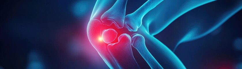 Poster - Detailed illustration of a human knee joint, highlighting pain area with glowing effects and showcasing anatomy in vivid colors.