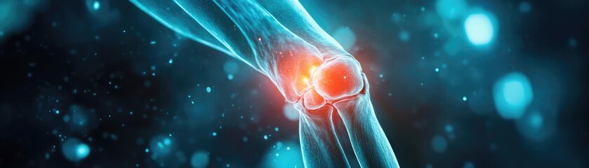 Poster - Detailed illustration of a knee joint highlighting pain with glowing effects, representing medical technology and health care.