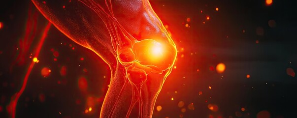 Poster - A close-up view of a glowing knee joint, highlighting the intricacies of human anatomy with vivid colors and dynamic lighting.