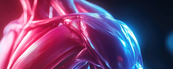 Poster - Vibrant close-up of human muscle anatomy highlighting intricate details and textures in stunning neon colors.
