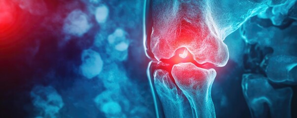 Poster - This image illustrates a detailed view of a knee joint with highlighted inflammation, showcasing medical science and health.