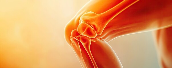 Poster - Close-up view of a human knee joint, showcasing its anatomy and structure against a soft orange background.