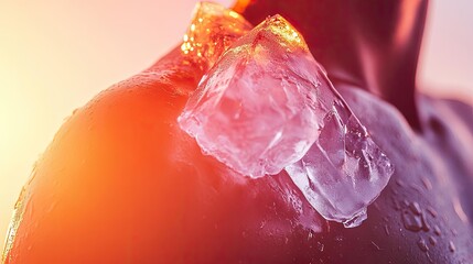 Poster - A close-up image of ice resting on a shoulder, glistening in warm light, symbolizing coolness and refreshment.