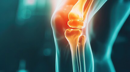 Aufkleber - A detailed view of a human knee joint highlighting pain points and anatomical structures for educational and medical use.