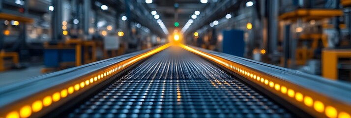 Poster - A blurred image of a conveyor belt system in an automated factory or warehouse setting.