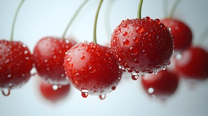 Poster - Delectable Red Berries with Dew Drops on Stems - Vibrant and Juicy Organic Fruits in Natural Setting. Close-up image showcasing the freshness.