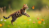 bengal cat playing with butterlfy