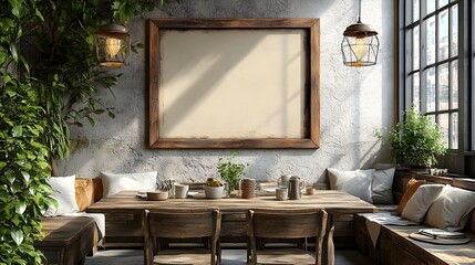 Poster - Distressed wood frame mockup showcased in a cozy farmhouse-style dining room setting,featuring vintage tableware and natural light streaming in,creating a warm and inviting atmosphere.